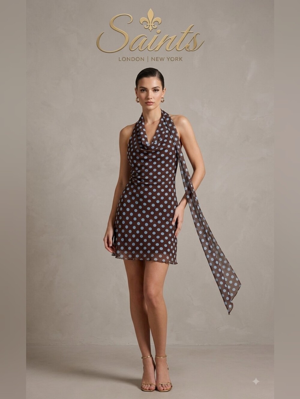 Saints Polka Dot Halter Mini Dress in Brown & Light Blue